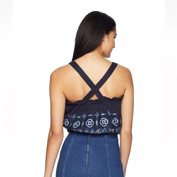 We The Free | Free People Love Life Bubble Top in Linen Cotton Navy Combo size S - Picture 6 of 15